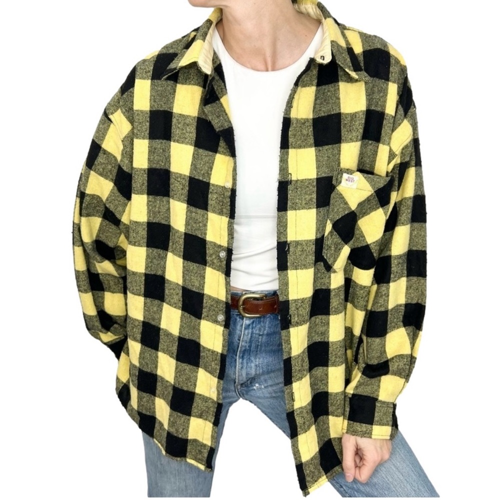 Vintage Big West France yellow black check plaid cotton flannel shirt XL
